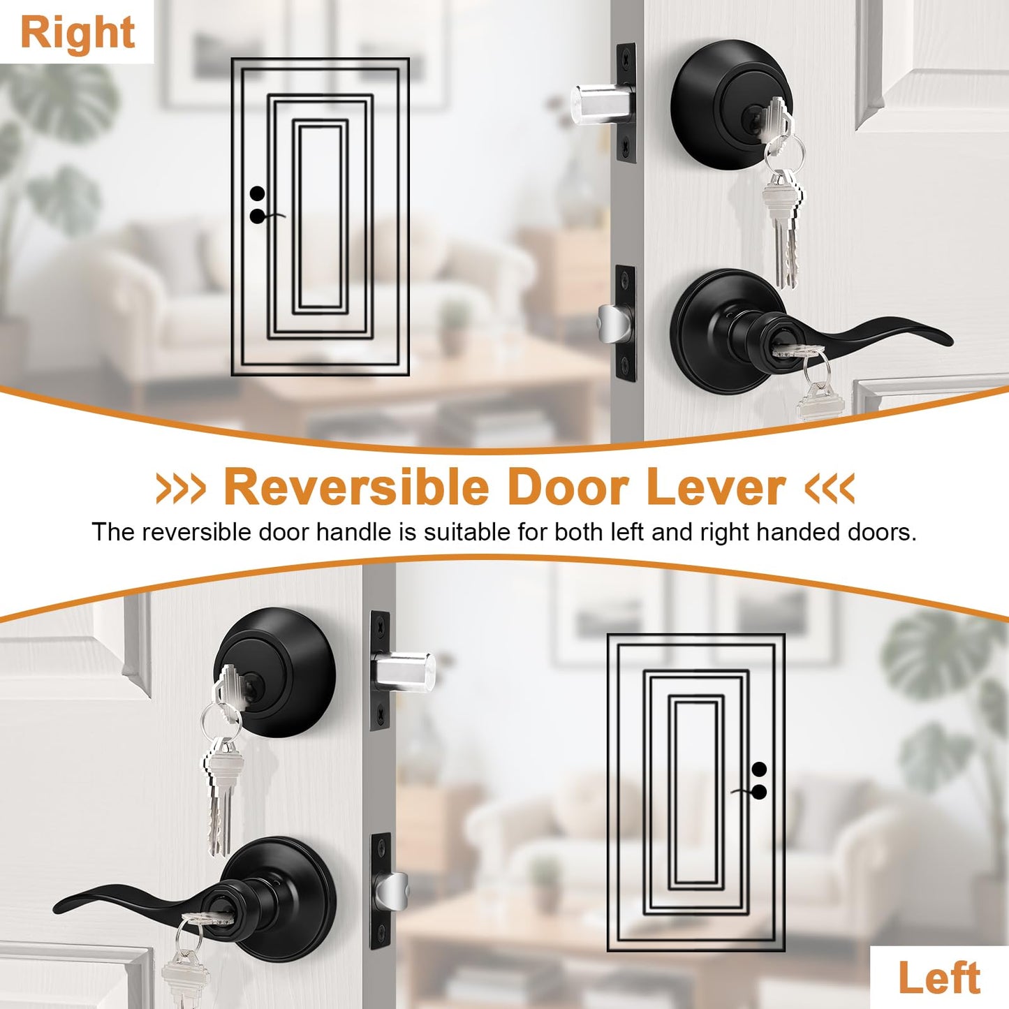 Probrico Front Door Handle and Single Cylinder Deadbolt Set, Black Exterior Door Handle with Deadbolt Lockset,Wave Reversible Door Lever Locks with Deadbolt Set, Keyed Alike 3Pack
