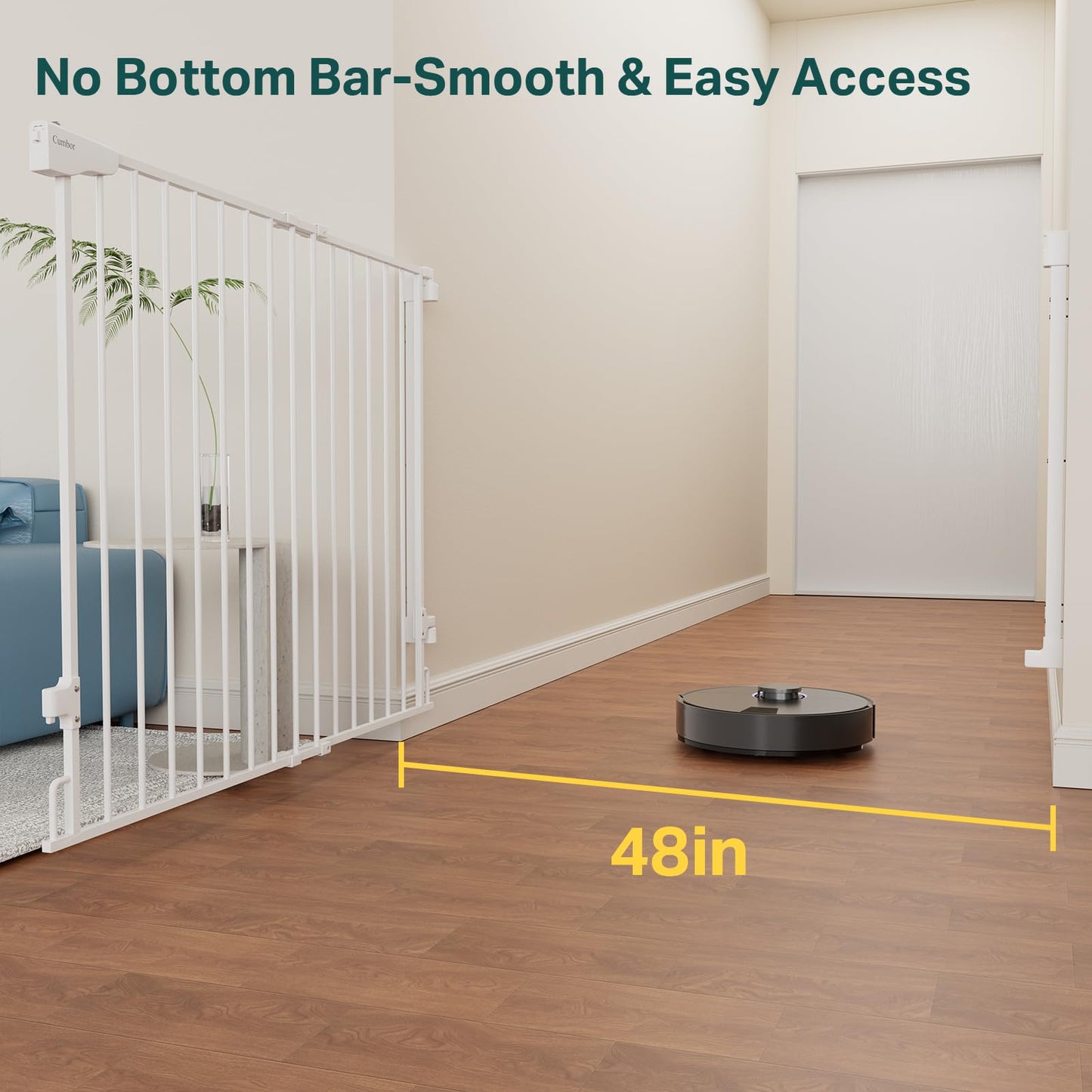 Cumbor 34" Extra Tall Baby Gate for Stairs, Hardware Mounted (Drill Required), Expandable 31.6-48" No Bottom Bar Dog Gate Indoor for Larger Pets, Large Walk Thru Door for Easy Access (White)