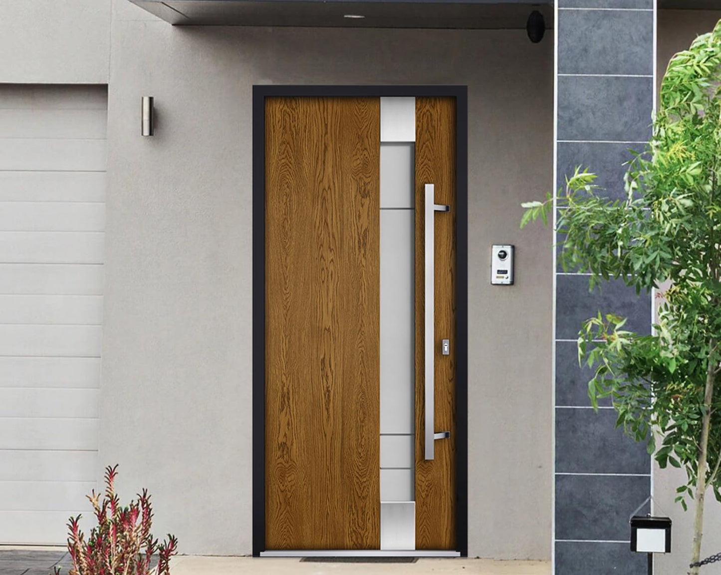 VDOMDOORS Deux 1713 | Natural Oak | Exterior Steel Single Front Door with transom | Left-Hand inswing | Size: 36" x 80" | Prehung