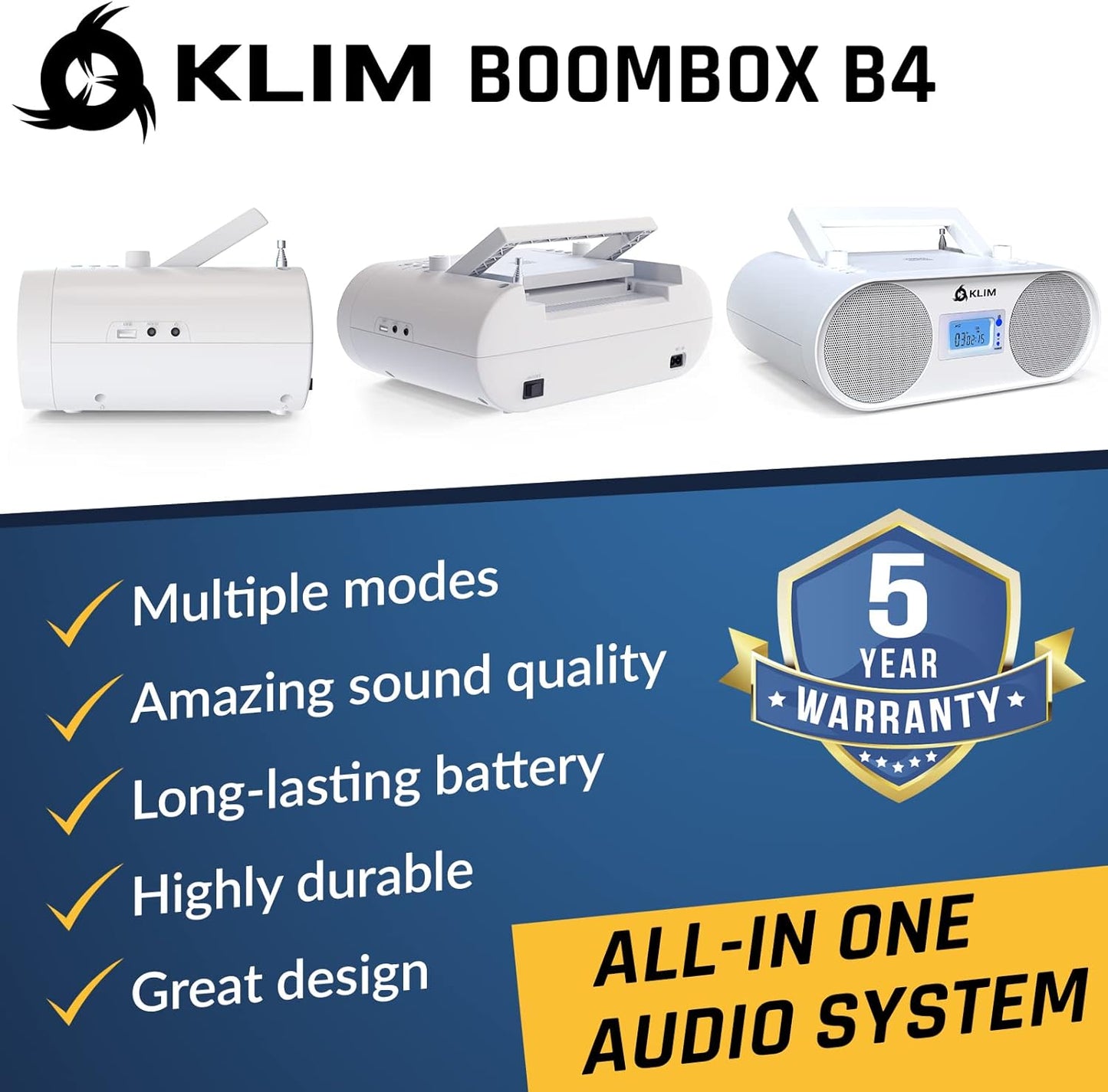 KLIM B4 MP3 Boombox CD Player Portable Audio System - New - AM/FM Radio with CD Player Bluetooth AUX USB - Wired