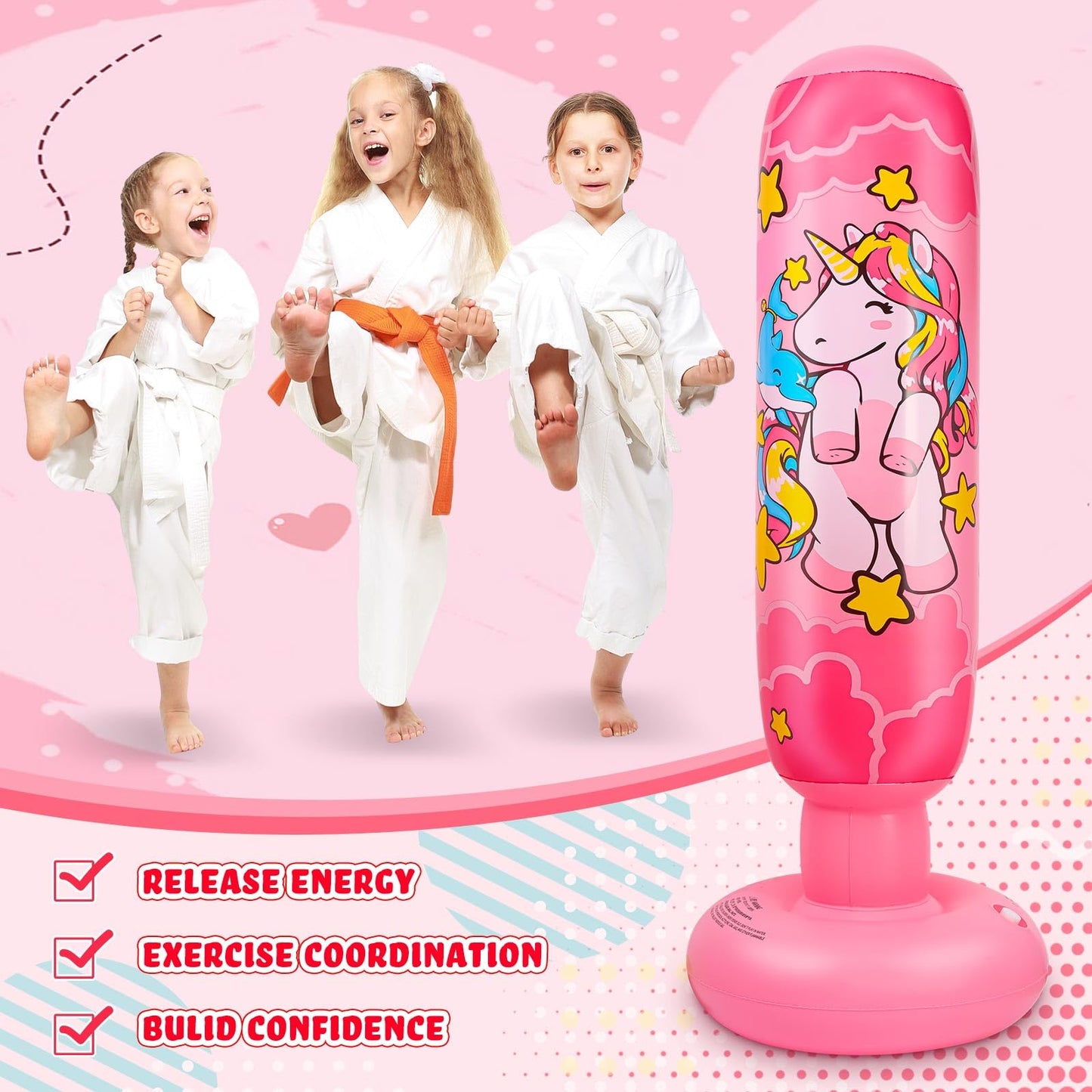 Vinsatin 2 Pcs 47" Kids Punching Bag Girls Stable Inflatable Boxing Bag Unicorn Heavy Punch with Instant Bounce Back Movement Kids Workout Equipment Karate Gifts for Girls Karate Taekwond