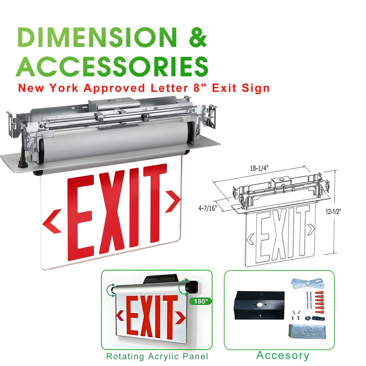 Garrini New York Approved Letter 8" Exit Sign Emergency Light Recessed Housing Single and Double Face Optional, Replaceable Acrylic Panel, UL Certified GRMSEL-200