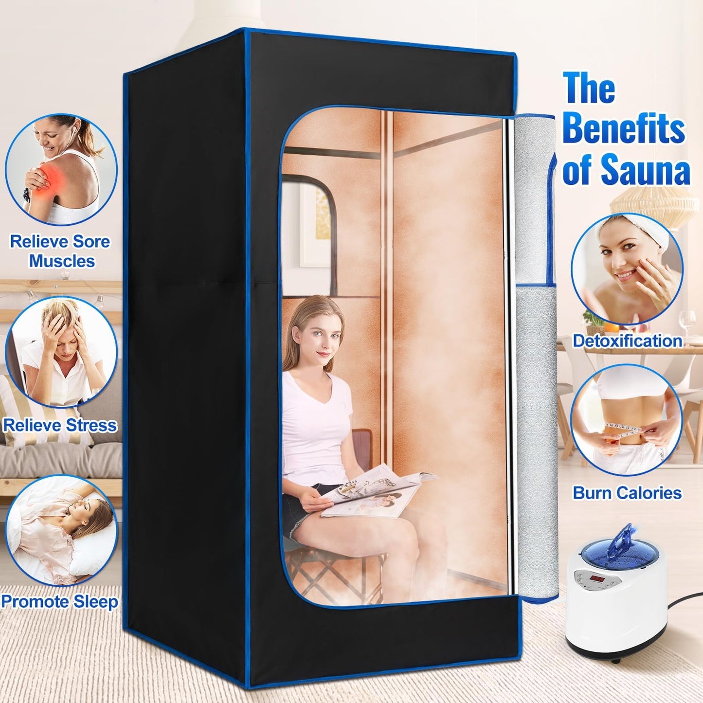 X-Vcak Upgraded Portable Sauna of Relaxation, Steam Sauna for Home with Steamer, Pairs Remote Control, Folding Chair, 9 Levels, 2.6’ x 2.6’ x 5.9’