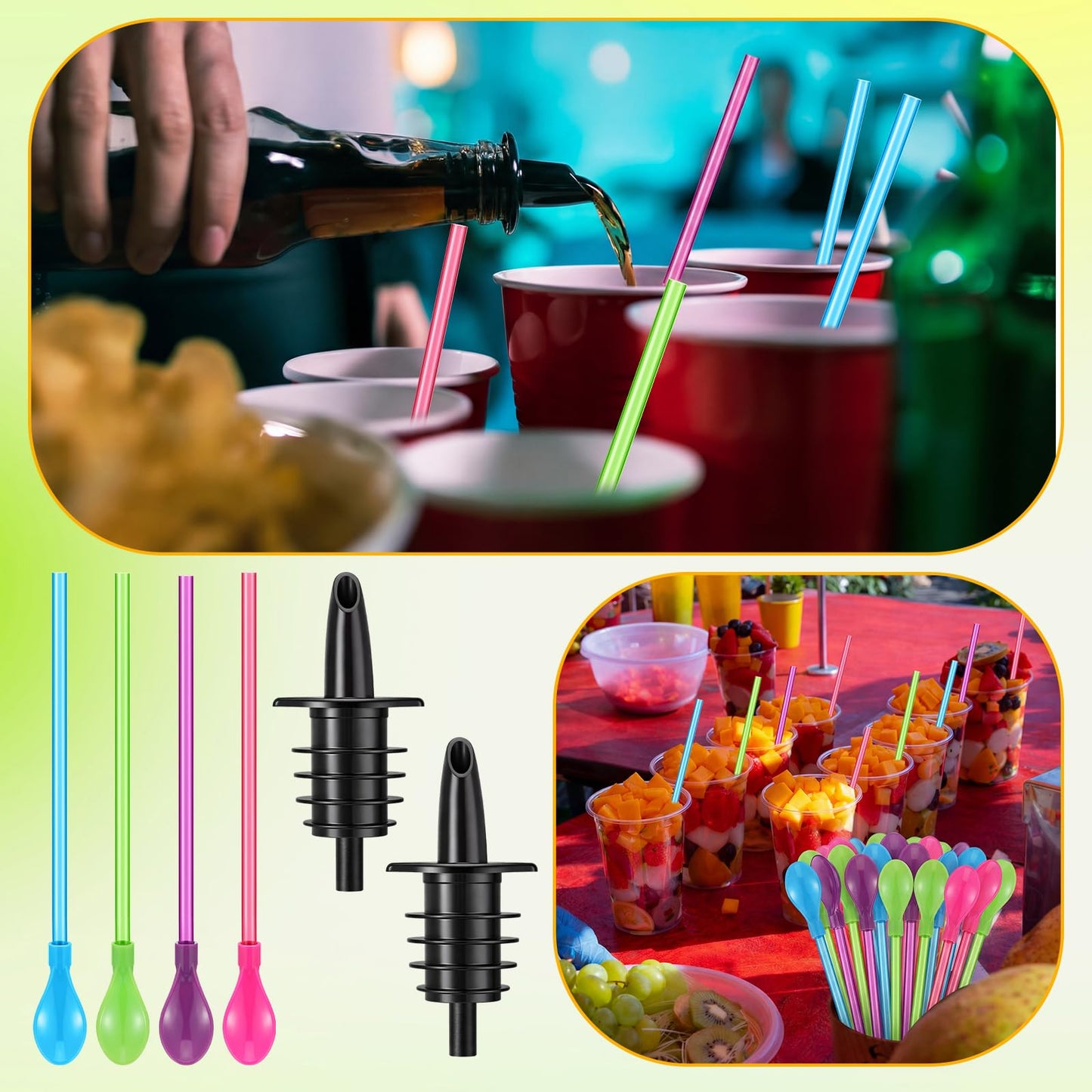 Sliner 6 Pcs Ice Syrup Precise Control Bottle Pouters 60 Pcs Hard Plastic Spoon Straws 9 in Detachable Kitchen Utensil Stirring Coffee Spoon, Professional Pour Spouts for Snow Cone & Drink Flavors