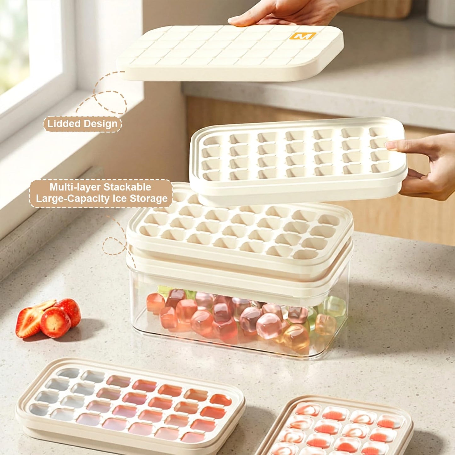 Ice Cube Tray - Freezer Ice Tray Ice Mold Ice Maker for Drinks Whiskey Beer Cocktail Coffee, Transparent Sealed Lid Design for Keep Ice Clean, With Tweezers and 2 Ice Trays Storage（White）