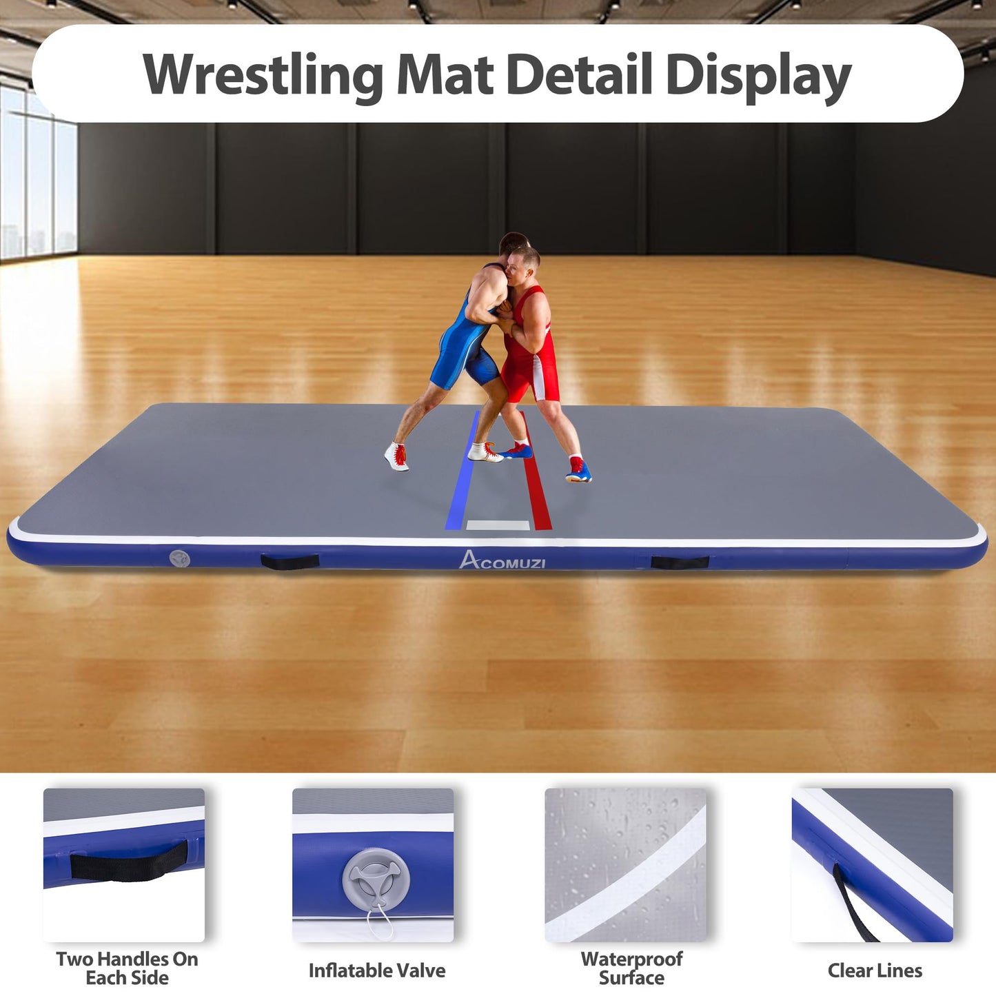 ACOMUZI Inflatable Wrestling Mat 13FT/10FT/5FT, Portable Jiu Jitsu Mats Wrestling Mat for Home, Outdoor or Indoor Training Mat for Water Yoga, Gymnastics, BJJ, MMA (Gray+Blue, 10FTx5FT×4inch)