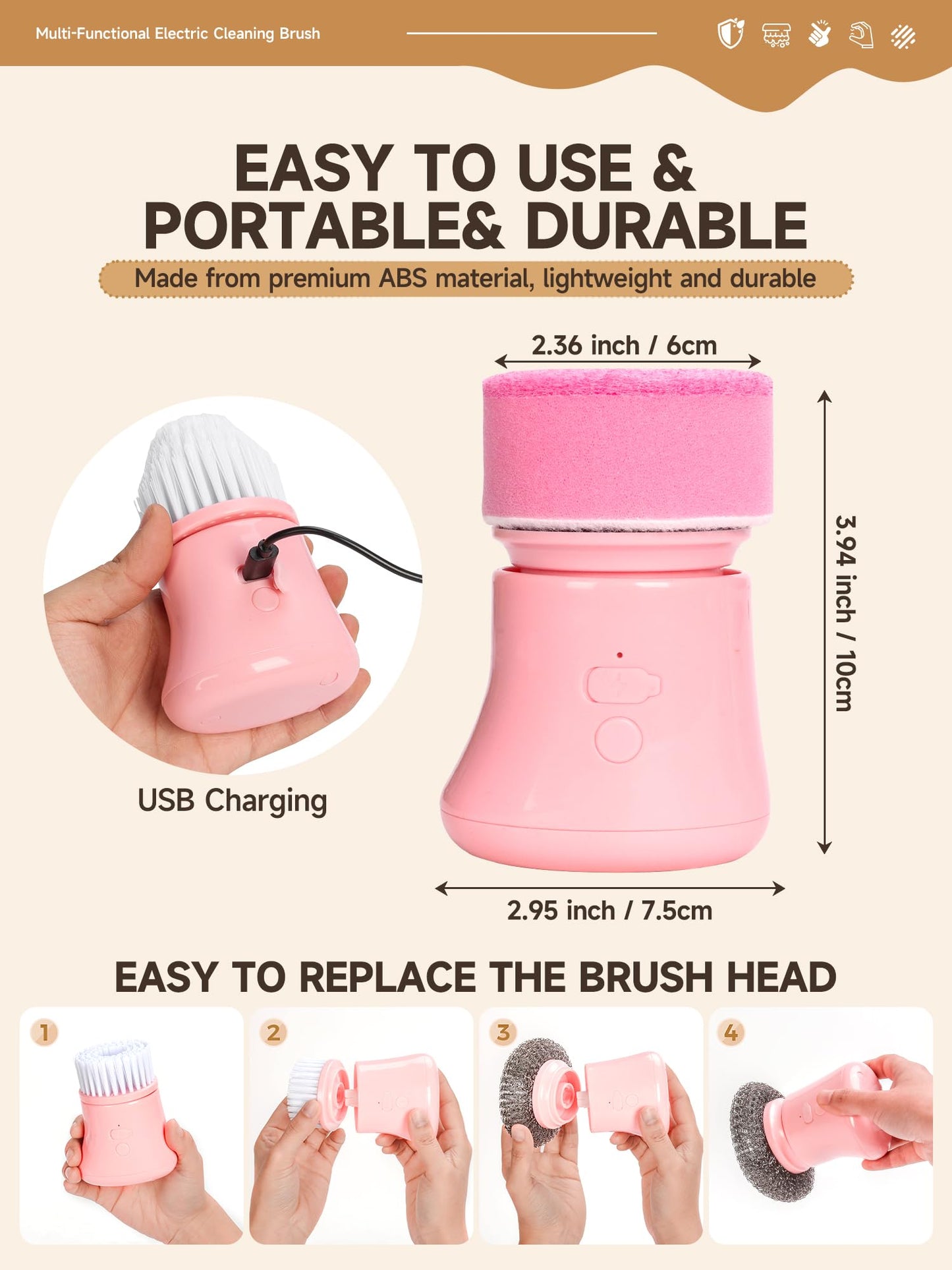 Pink Electric Spin Scrubber, Cordless Handheld Dish Scrubber Brush for Kitchen & Bathroom, Power Scrubber for Cleaning Sink, Grout, Shower, Aesthetic Pink Kitchen Accessories & Supplies