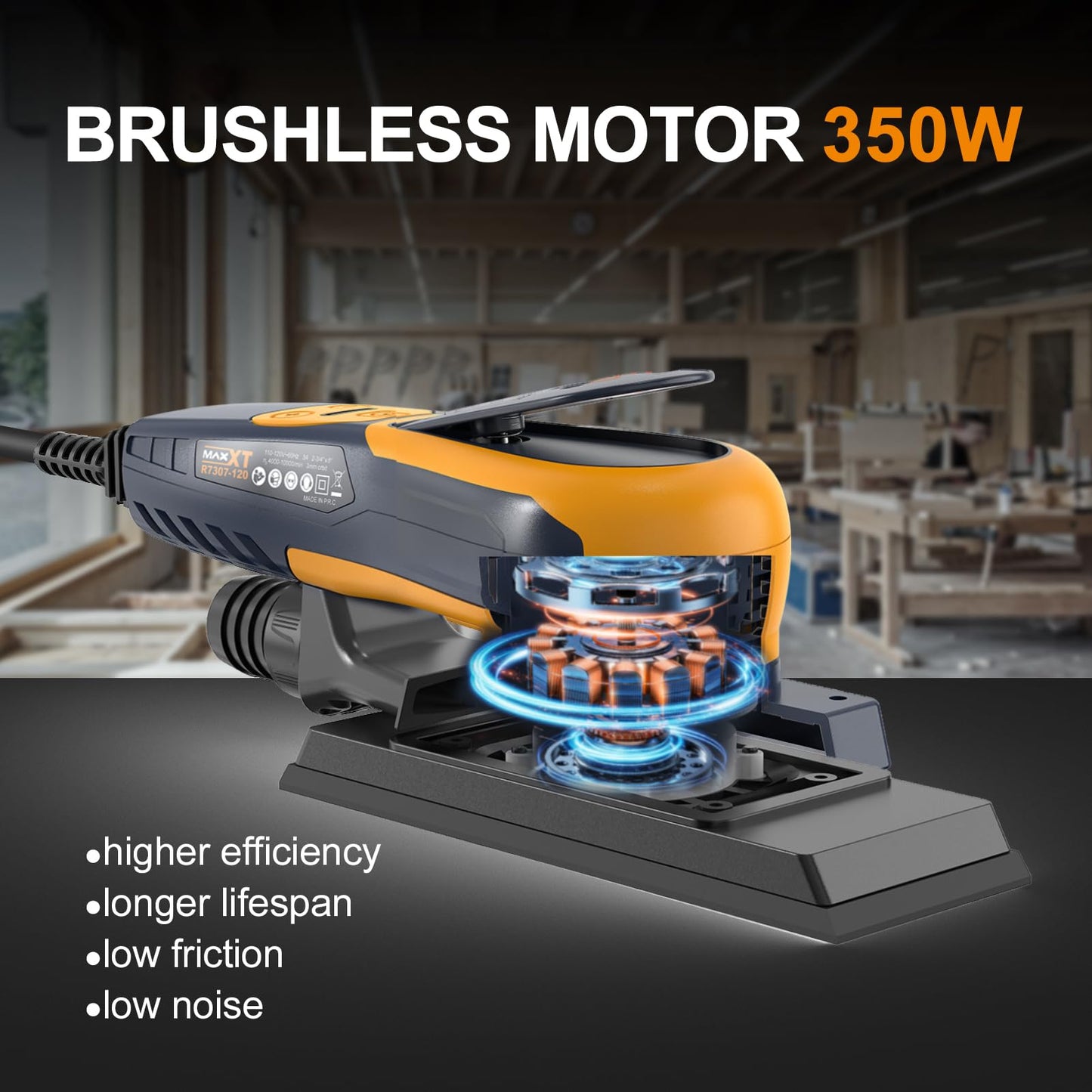 Sheet Sander, MAXXT 350W Brushless Sheet Orbital Finishing Sander with 4,000-10,000rpm,Low Vibration Electric Palm Sander for Efficient Woodworking, Tight Spaces Sanding, and Polishing