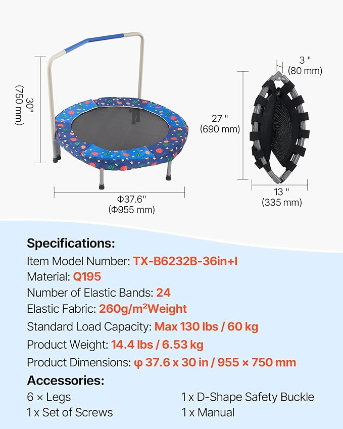 VEVOR 3FT Trampoline 36" Indoor/Outdoor for Toddlers, Foldable Mini Baby With Foam Handle, Recreational Birthday Gift