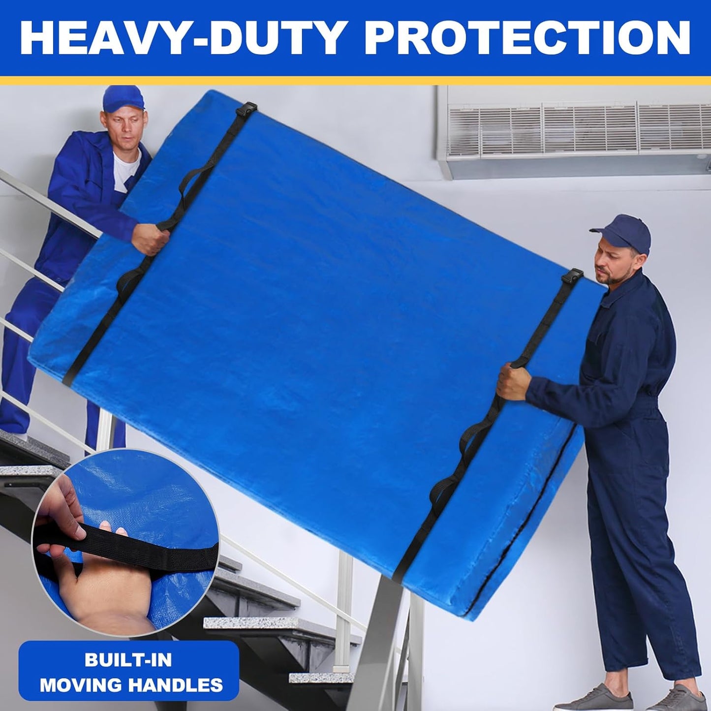 TICONN King Mattress Bag - Heavy Duty Storage Cover with Full-Around Handle & Adjustable Buckles | Blue