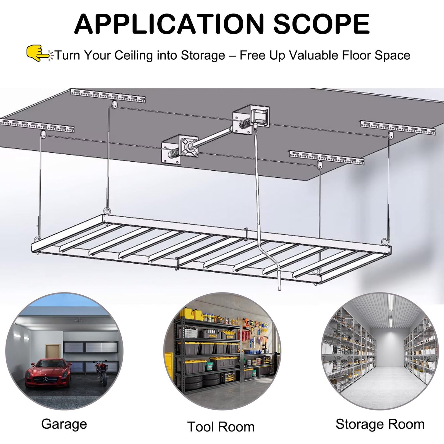 KIPPDURO 4×8 ft Heavy Duty Overhead Garage Storage Rack, 661 lbs Capacity with Safety Lock,Ceiling Mounted Storage Shelf, Steel Garage Ceiling Organizer for Garage, Basement, Warehouse (White)