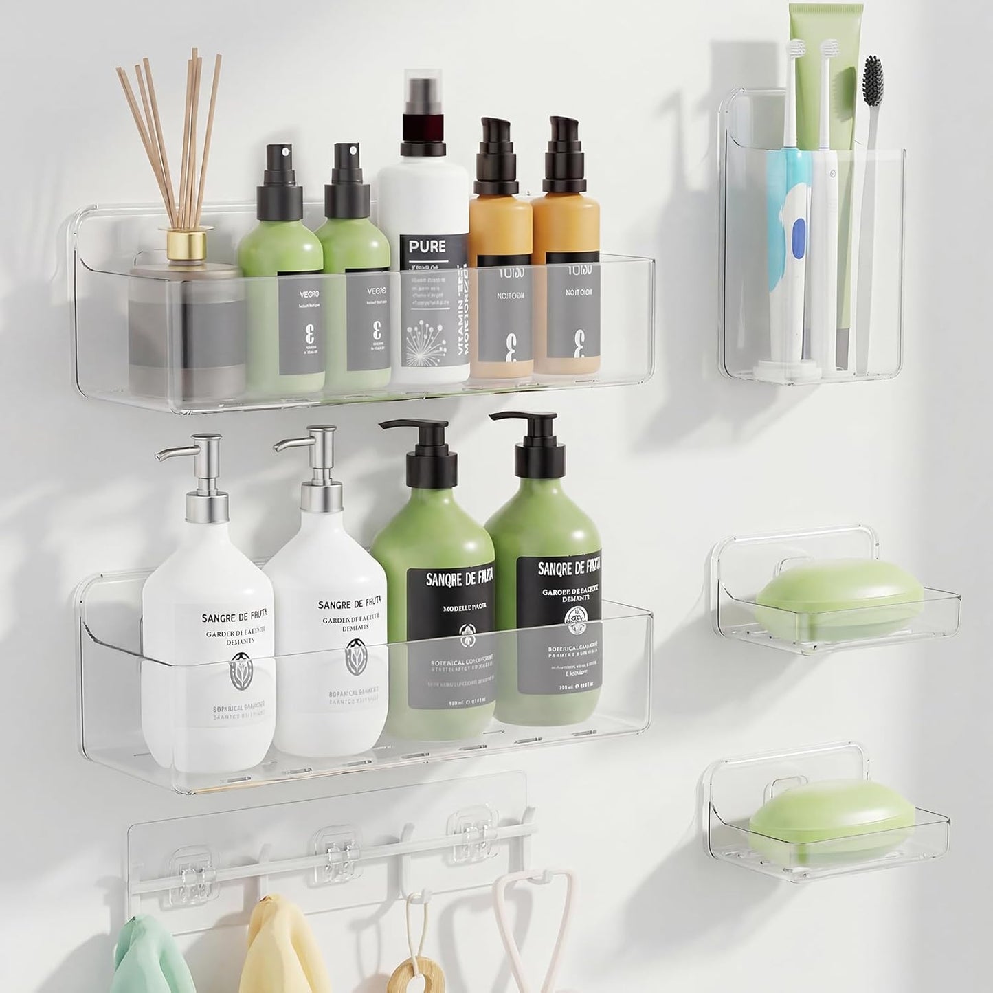 Skiennix Adhesive Shower Caddy - Rustproof 6-Pack Shower Shelves | No Drilling Bathroom Organizers in Clear