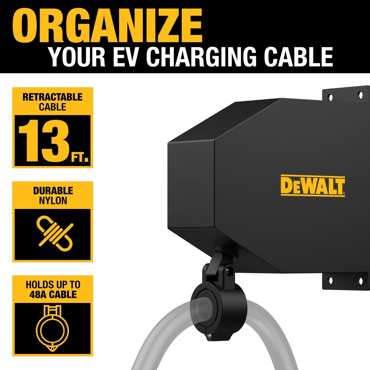 DEWALT Universal EV Charger Retractable Cable Management System, Wall or Ceiling Mounted, Works with EV Charging Cables up to 48 Amps, Heavy-Duty Commercial Grade, for Indoor/Outdoor Use