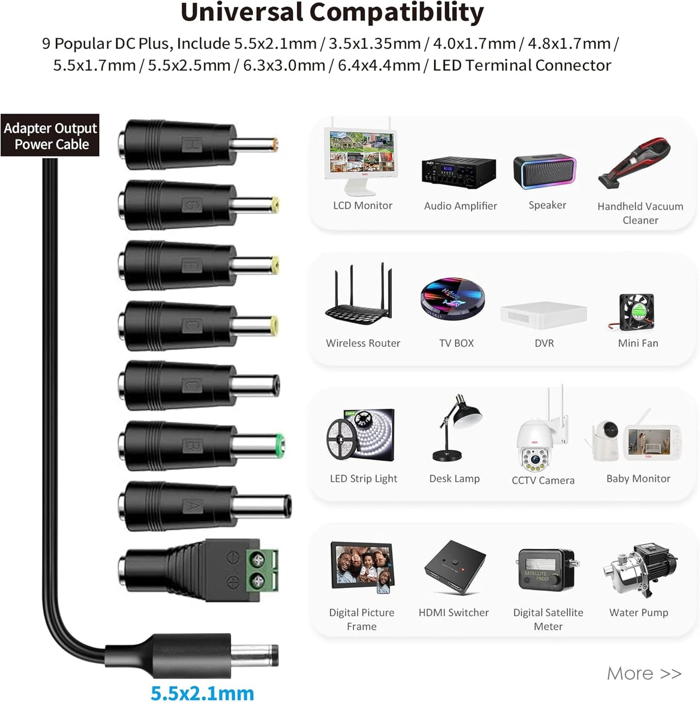 Tonton 12V 2A 6Ft 24W 100-240V 8Tips 12Volt 2A 1.8A 1.5A 1.2A 1A 0.5A Power Supply Adapter, Universal Charger AC