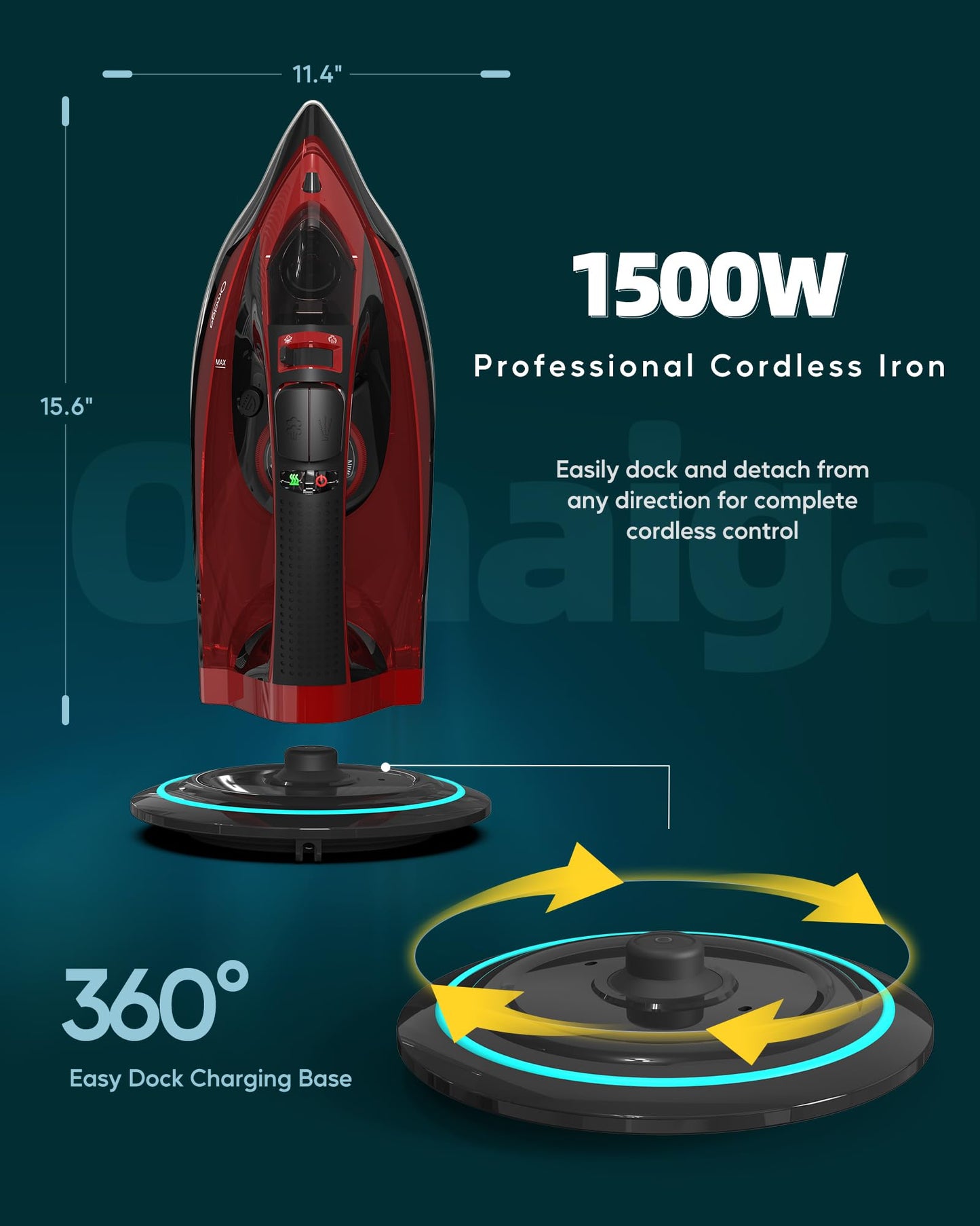 OMAIGA Cordless Iron for Clothes, 1500W Wireless Steam Iron with Ceramic Soleplate, 360 Degree Power Base, Auto Shut Off, Self-Clean, Anti-Calc, 3 Temperature Settings, 11.84oz Water Tank, Red