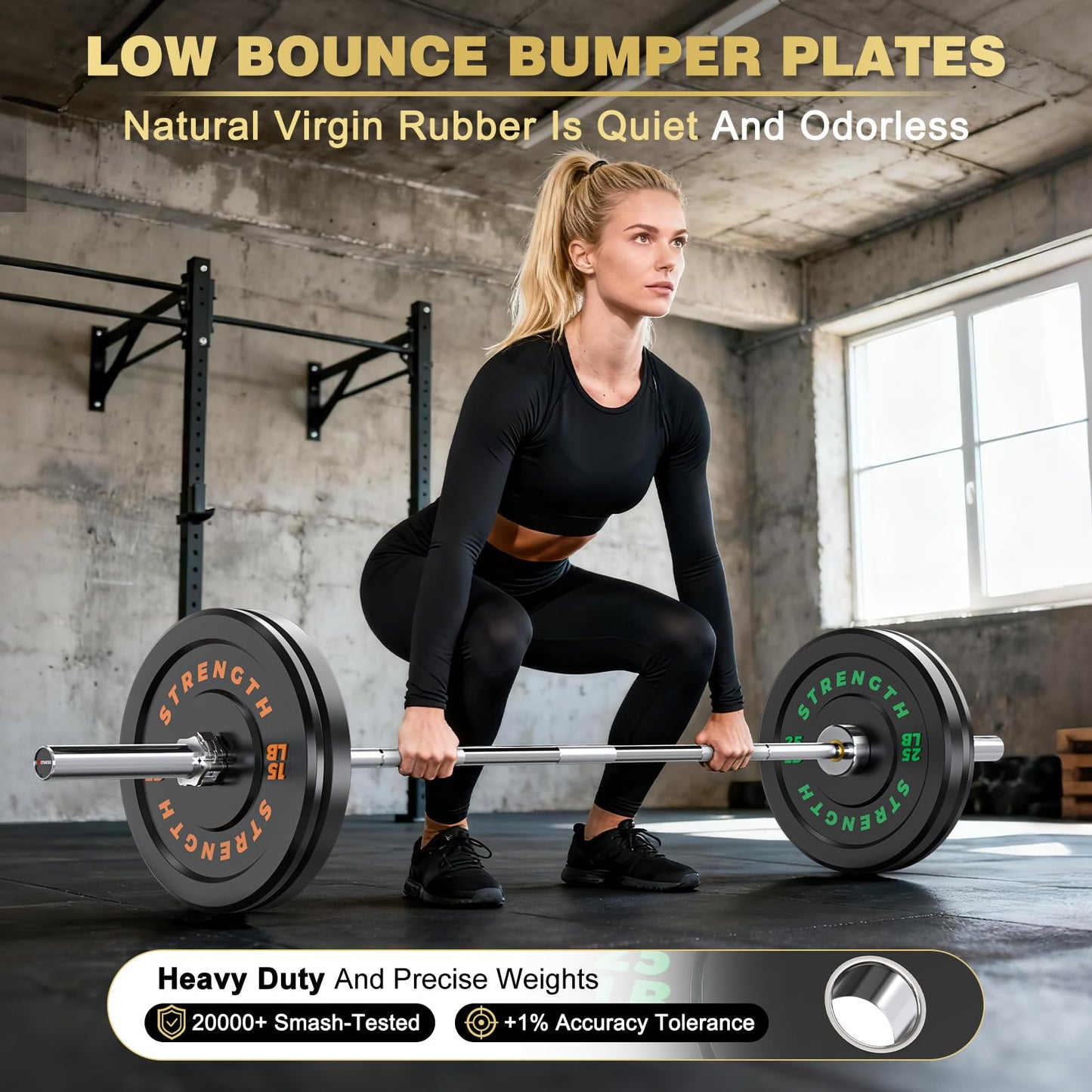Rendpas 2-Inch Olympic Bumper Plates, 100% Virgin Rubber Low Bounce Barbell Weight for Home Gym Strength Training, 10lb-45lb Black with Color-Coded