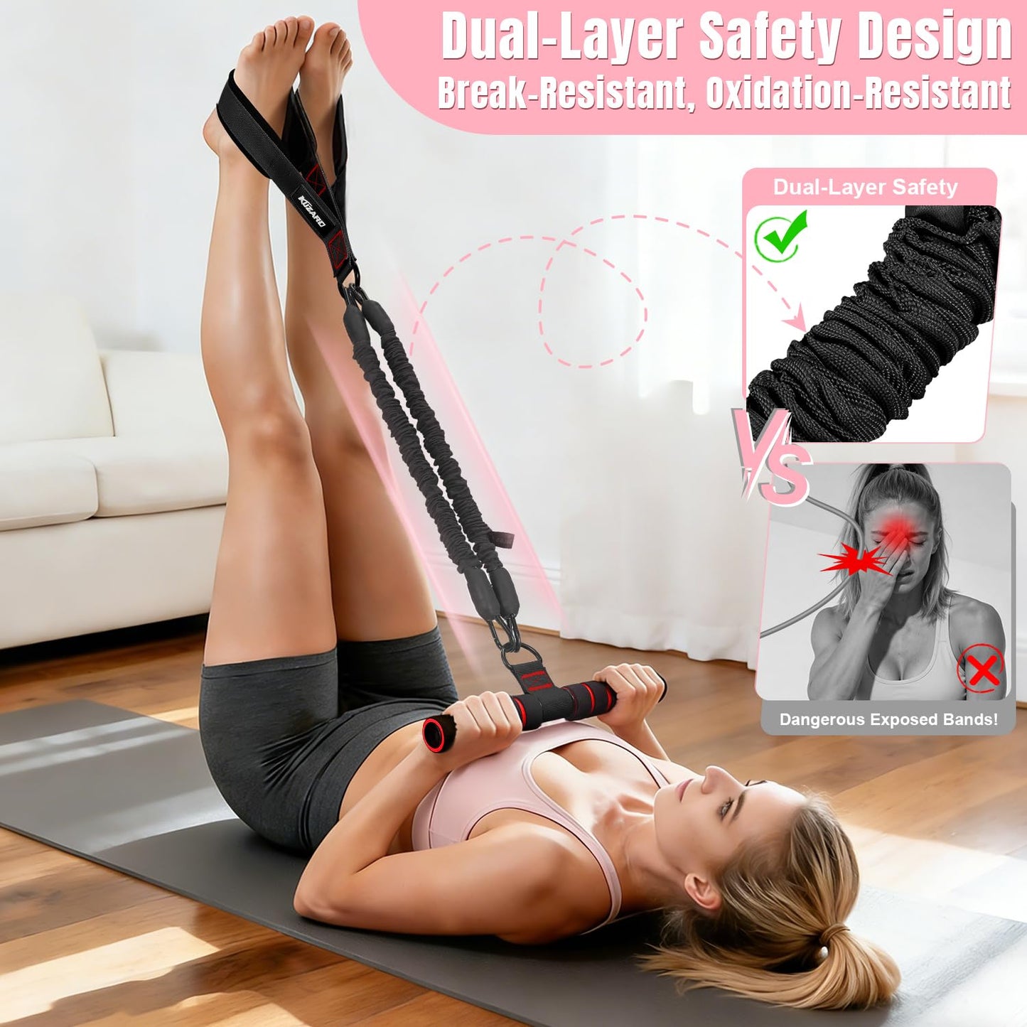 KUZARO Upgraded Multifunction Pedal Resistance Band with Handle, 3 Tube Adjustable Resistance Bands for Abdomen, Waist, Arm, Core/ABS, Leg Workout - Sit Up Exercise Equipment for Women Men