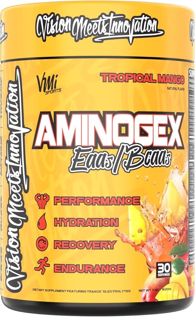Aminogex Ultra | BCAA Powder | Amino Acids + Betaine and Glutamine | Amino Acid Post Workout Recovery Drink | Intra Workout Drink with Electrolytes | (30 Servings) (Tropical Mango, 18.2 ounces)