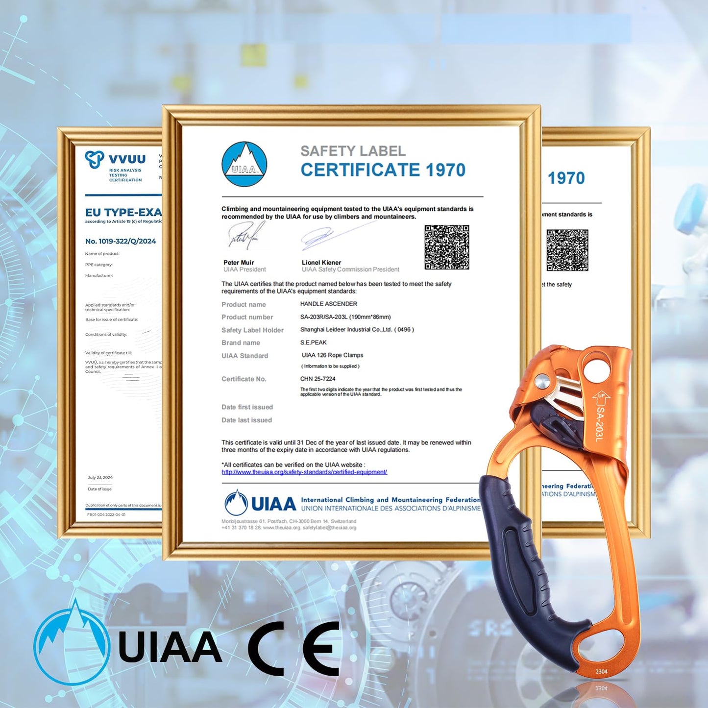 S.E.PEAK UIAA & CE Certified Climbing Rappelling Equip Hand Ascender for 8-13mm Rope Right Hand Orange