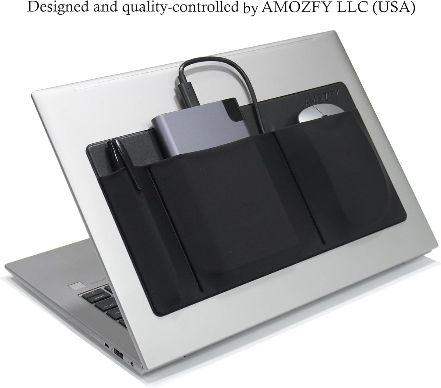 AMOZIFY 3-Pocket Organizer, Mouse Holder for Laptop Stick On, Adhesive Pouch & External Hard Drive Sleeve, SSD Storage