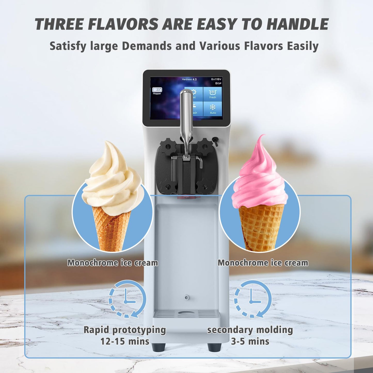 AnyDoor Commercial Ice Cream Maker Machine 1000W 2.7 to 4 Gal/H Single Flavor Soft Serve Ice Cream Machine Pre-cooling Auto Clean LCD Touch Screen Soft Serve Maker for Snack Bar Restaurants
