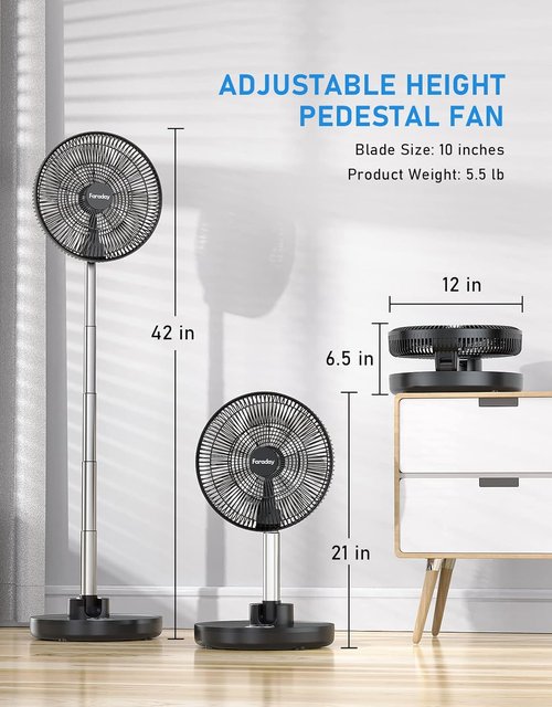 Faraday 12” Oscillating Standing Fan - Portable, Quiet, Rechargeable with Remote & Timer | Adjustable Height for Home & Office