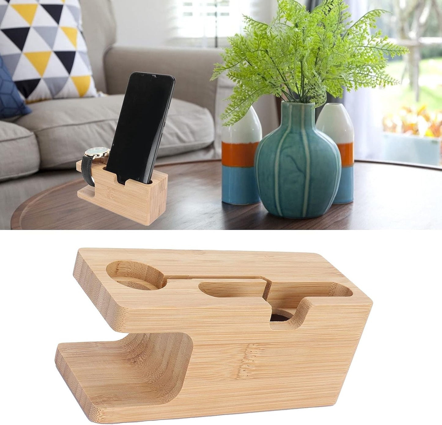 Beufee Wood Charging Docking Station, Bedside Organiser Key Wallet Watch Stand Nightstand Organizer Holder for Living