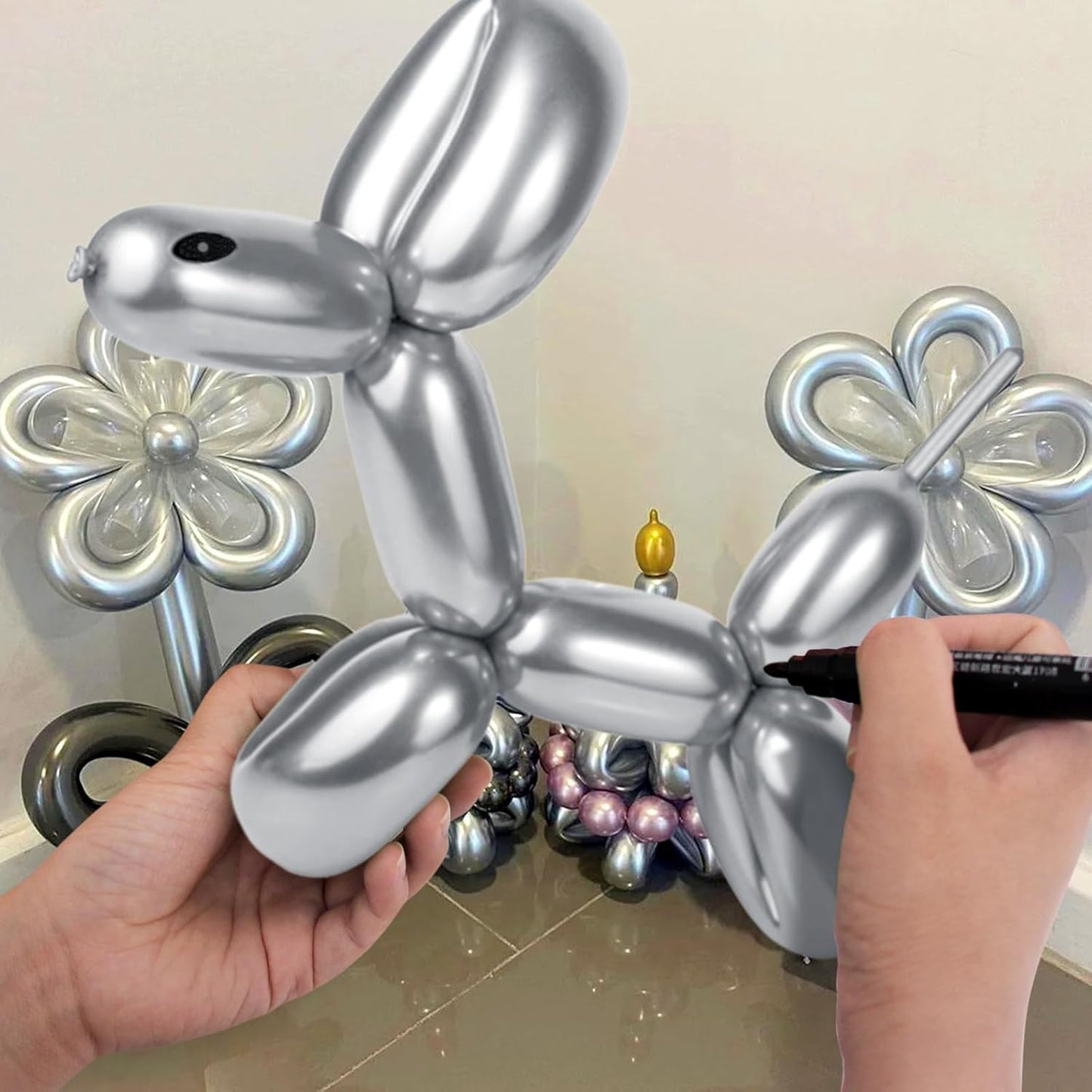 Skiennix Metallic Silver Balloons - 100 Pcs Long Skinny Latex Twisting Balloons for Animal Modeling | Perfect for Christmas & Birthday Parties