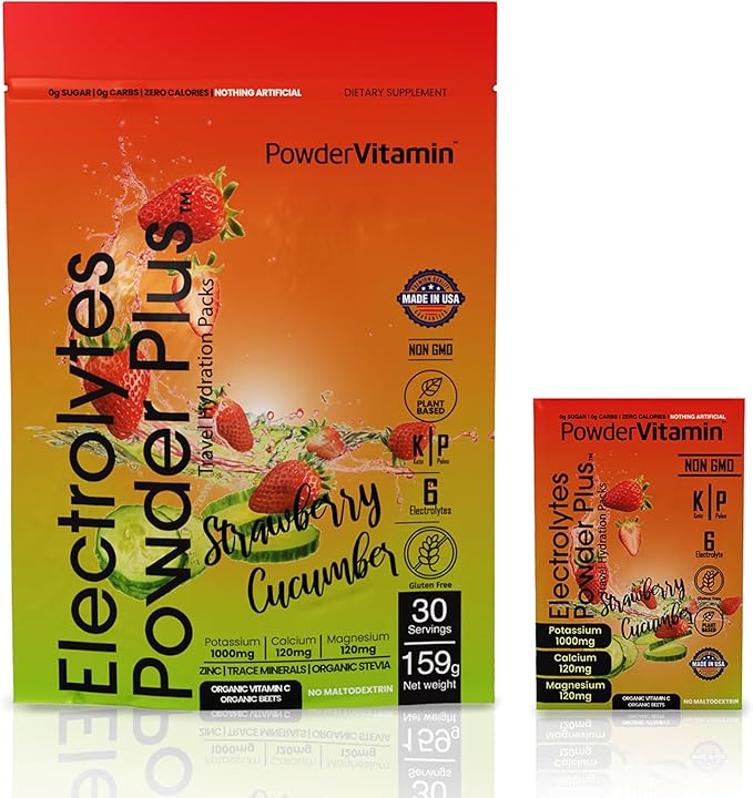 PowerVitamin Electrolytes Powder Packets - Strawberry Cucumber - Keto Electrolytes for Daily Energy - Hydration Powder with 1000mg Potassium, 120mg Magnesium, Zero Calories - 30 Hydration Packets