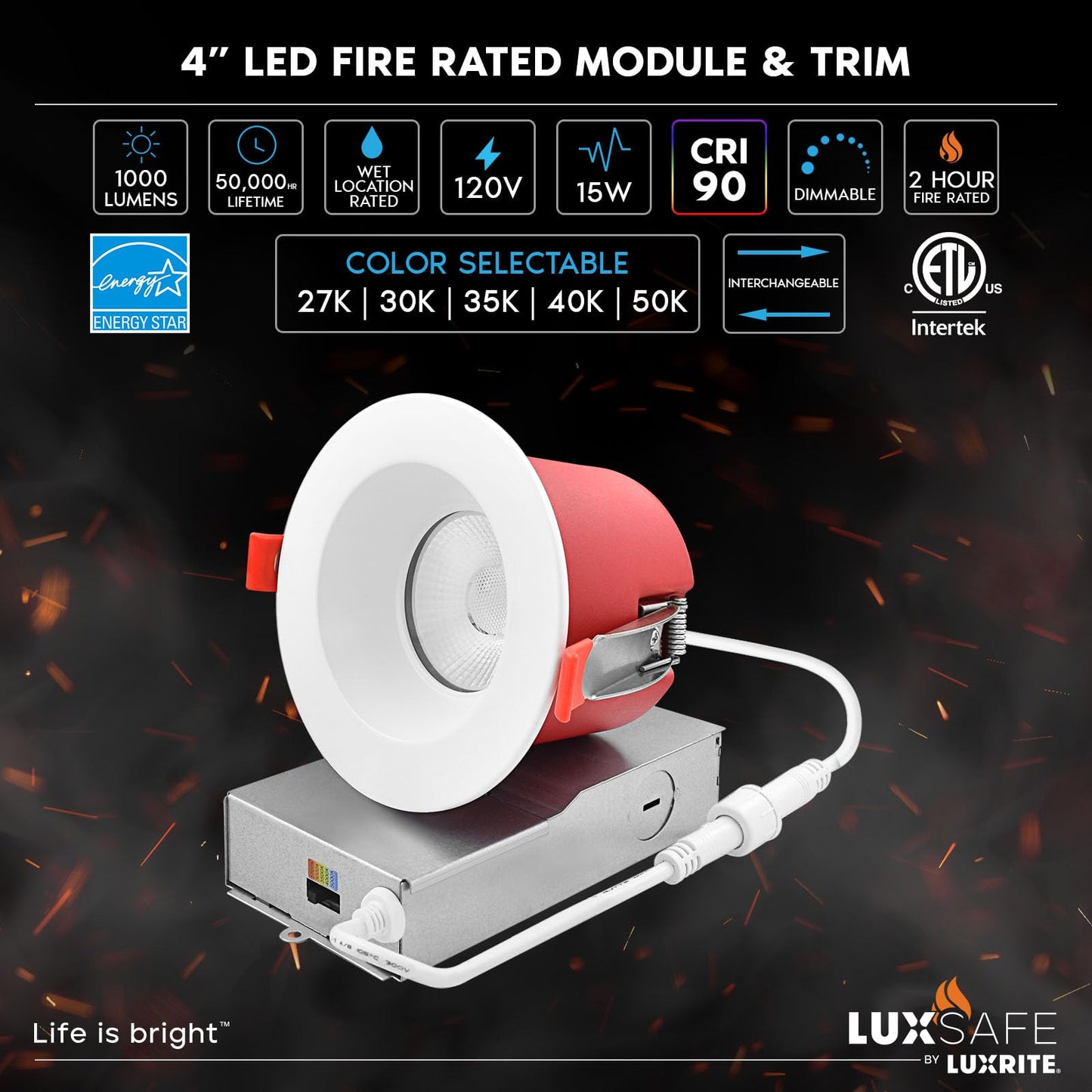 LUXRITE 6-Pack 4 Inch LED Recessed Lights with J-Box, 5CCT 2700K-5000K, 2 Hour Fire Rating, 15 Watts, 1000 Lumens, 38° Spotlight, Dimmable, IC Rated, Wet Rated, ETL - Smooth Trim