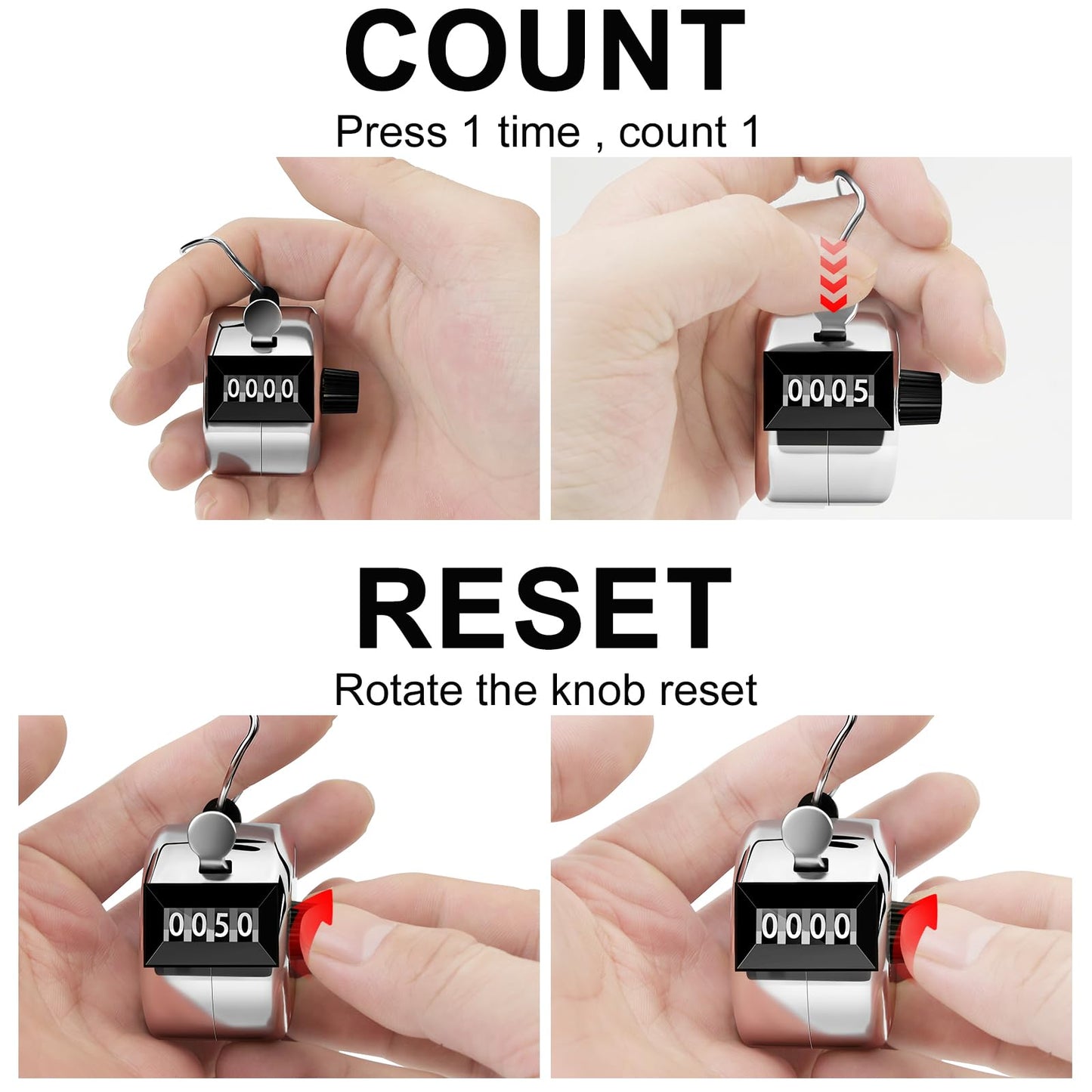 Decymis 2 Pack Clicker Counter, Metal Hand Tally Counter Clicker, 4 Digit Mechanical Palm Click Counter for Counting Numbers, Coaching, Sports Events Count