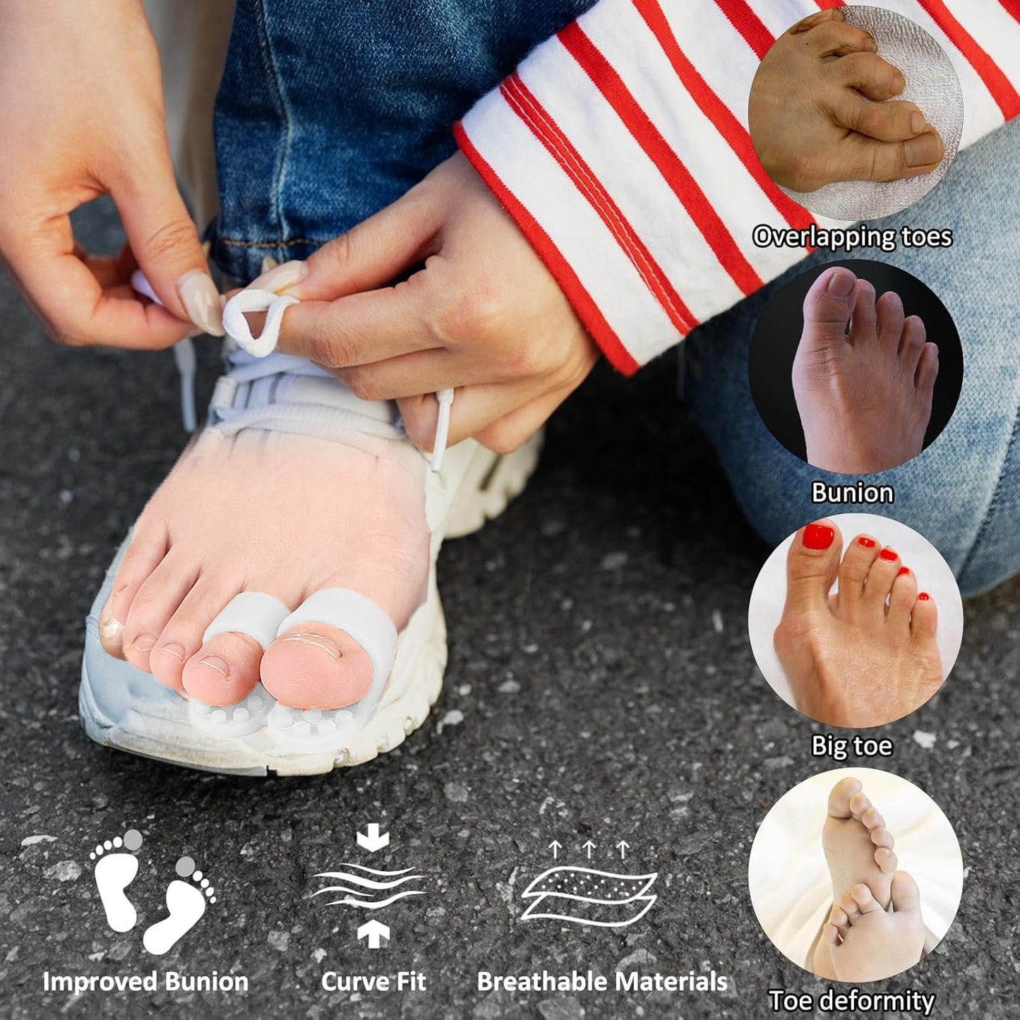 Mcvcoyh Bunion Corrector, Toe Separators with 2 Loops, Big Toe Spacer Suitable for Bunion and Overlap Toe, Infused Aloe Vera Extract
