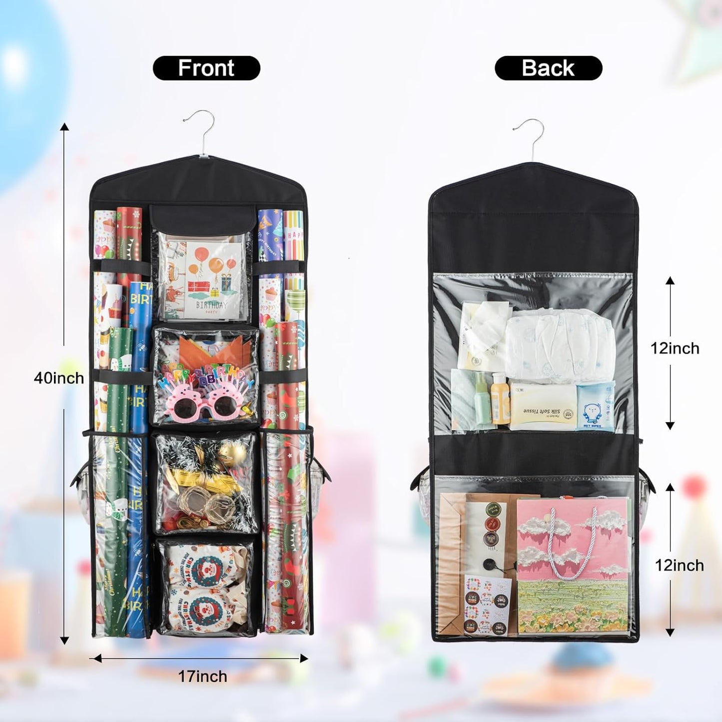 Regine Switzerland Christmas Wrapping Paper Organizer - Double-Sided Gift Bag Storage, Black