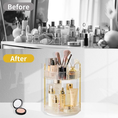 Asayuee 360 Rotating Makeup Organizer - 2-Tier Large Capacity for Skincare & Cosmetics | Clear