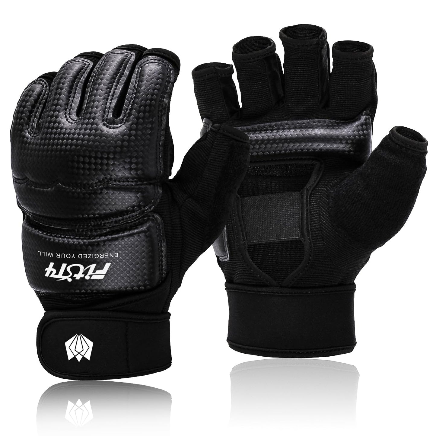 FitsT4 Sports Half Mitts MMA UFC Training Boxing Punch Bag Kickboxing Sparring Grappling Martial Arts Muay Thai Taekwondo Wrist Wraps Support Gloves for Women Men Kids Black L