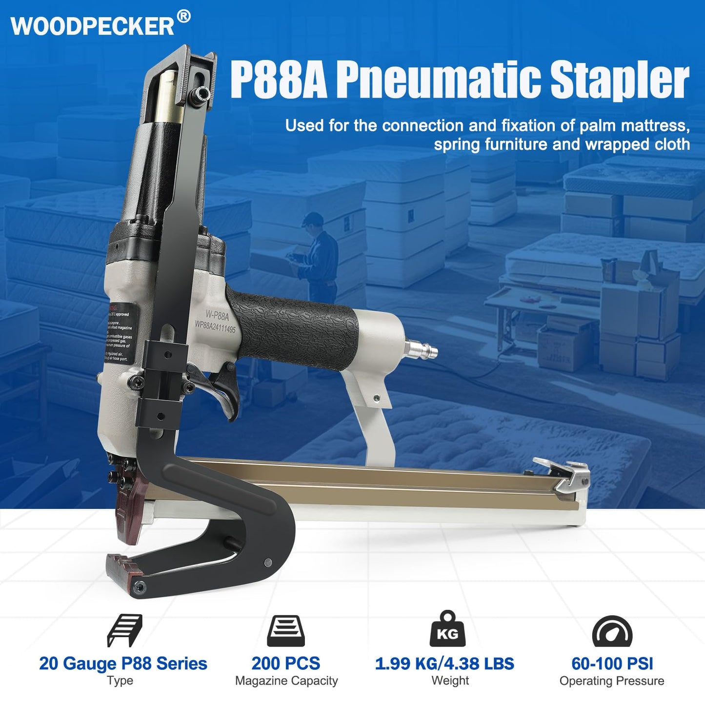 Woodpecker P88A Pneumatic Stapling Plier 20 Gauge 1/2" (13.2 mm) Crown Mattress Stapler Fits 9/16" to 7/8" (15 to 22mm) Length Staples for Bedding and Spring Furniture