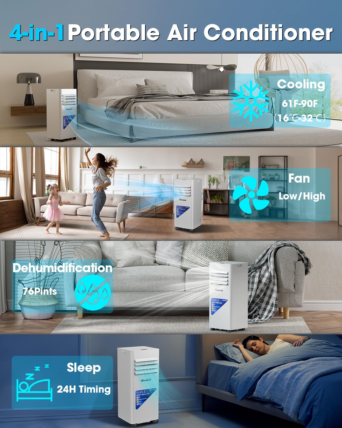 Lovewind 10000 BTU Portable Air Conditioners, Cool Up to 450 Sq.Ft, 4 IN 1 Quiet Portable AC Unit with Remote Control, Dehumidifier & Fan Modes, LED Display, 24H Timer, Installation Kits, White