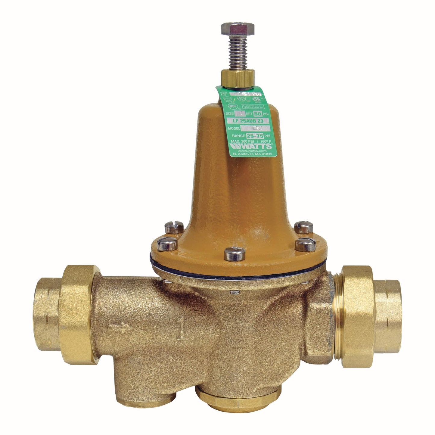 Watts LF25AUB-DU-Z3 1 Series 1-Inch Lead-Free Water Pressure Reducing Valve, Double Union, NPT Female, Polymer Seat, Elastomer Disc, Adjustable 25-75 PSI (0009322)