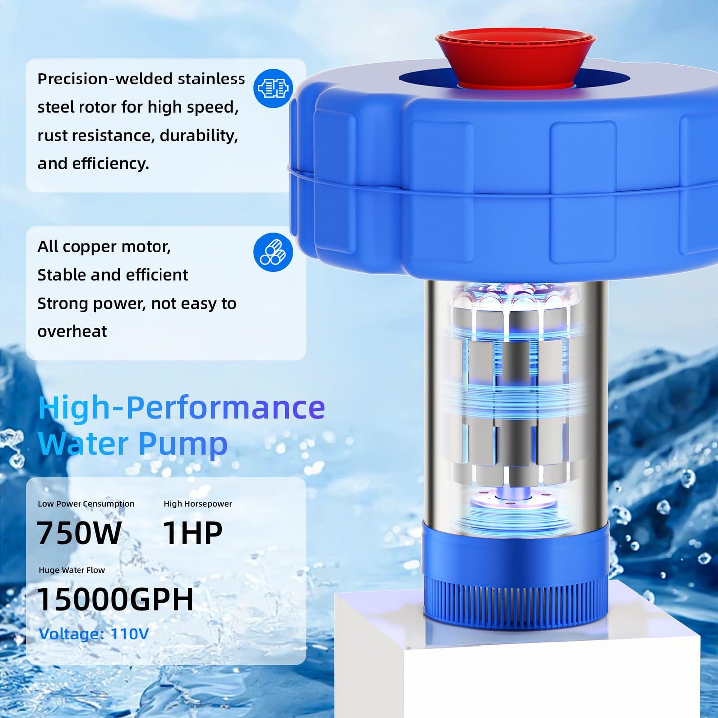 BOFEKTE 15000 GPH Pond Fountain Aerator - Fully Automatic 110V, 750W (1HP) Floating Pumps and Pond Aerator for Large and Small Outdoor Ponds and Lakes - Pountain aerator with 100Ft Power Cord (Silver)