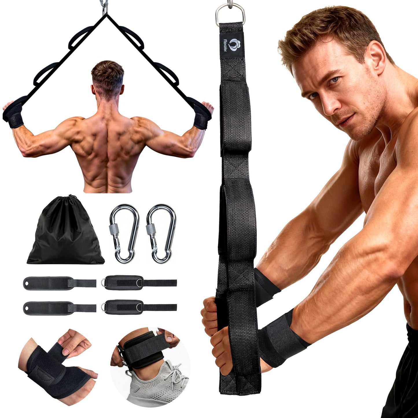 Tricep Rope Cable Attachment with 6 Anti-Slip Handles, Extra-Long Adjustable Pull Down Rope with Wrist Brace & Ankle Strap for Pushdowns, Crunches & Extensions, Cable Machine Attachment for Home & Gym