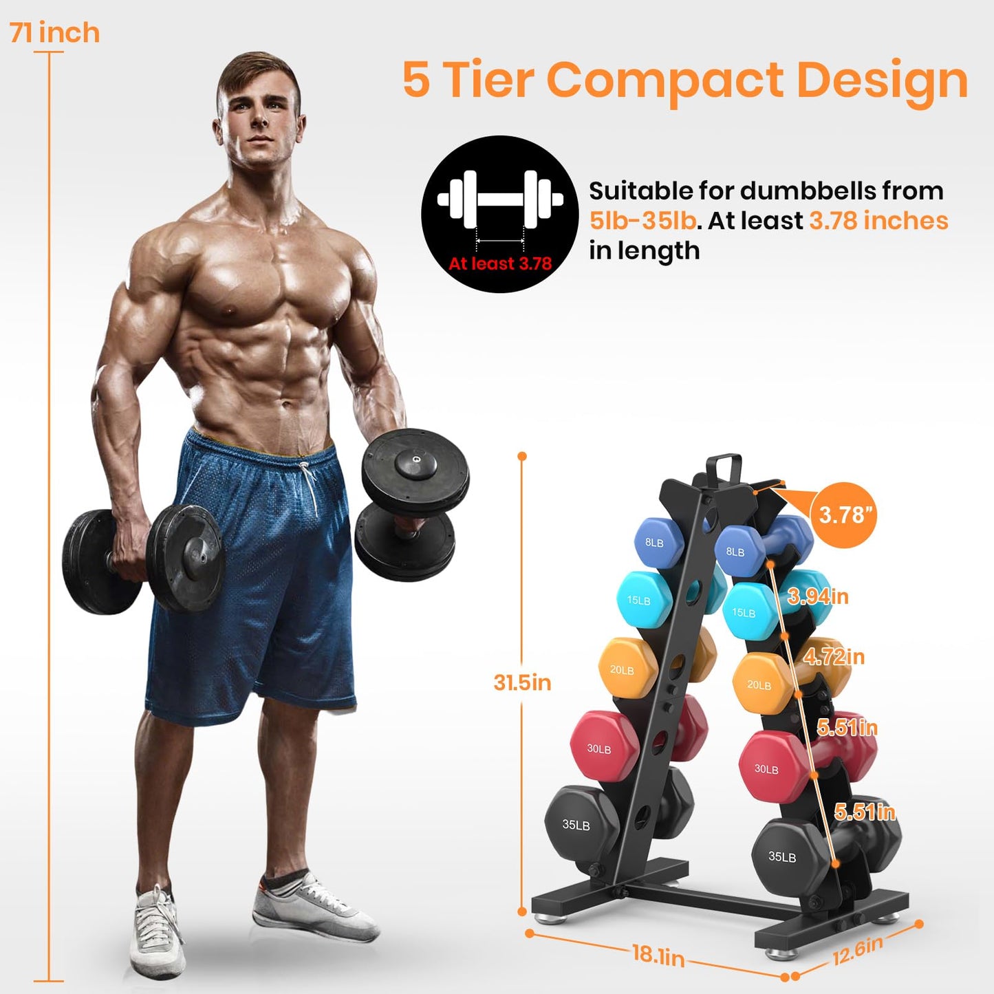 TomCare Dumbbell Rack Stand Only, 5 Tier Weight Rack for Home Gym Metal Compact A-Frame Dumbell Holder for Dumbell Set (5-35 LB), Weight Storage Holder with Handle (Stand Only)