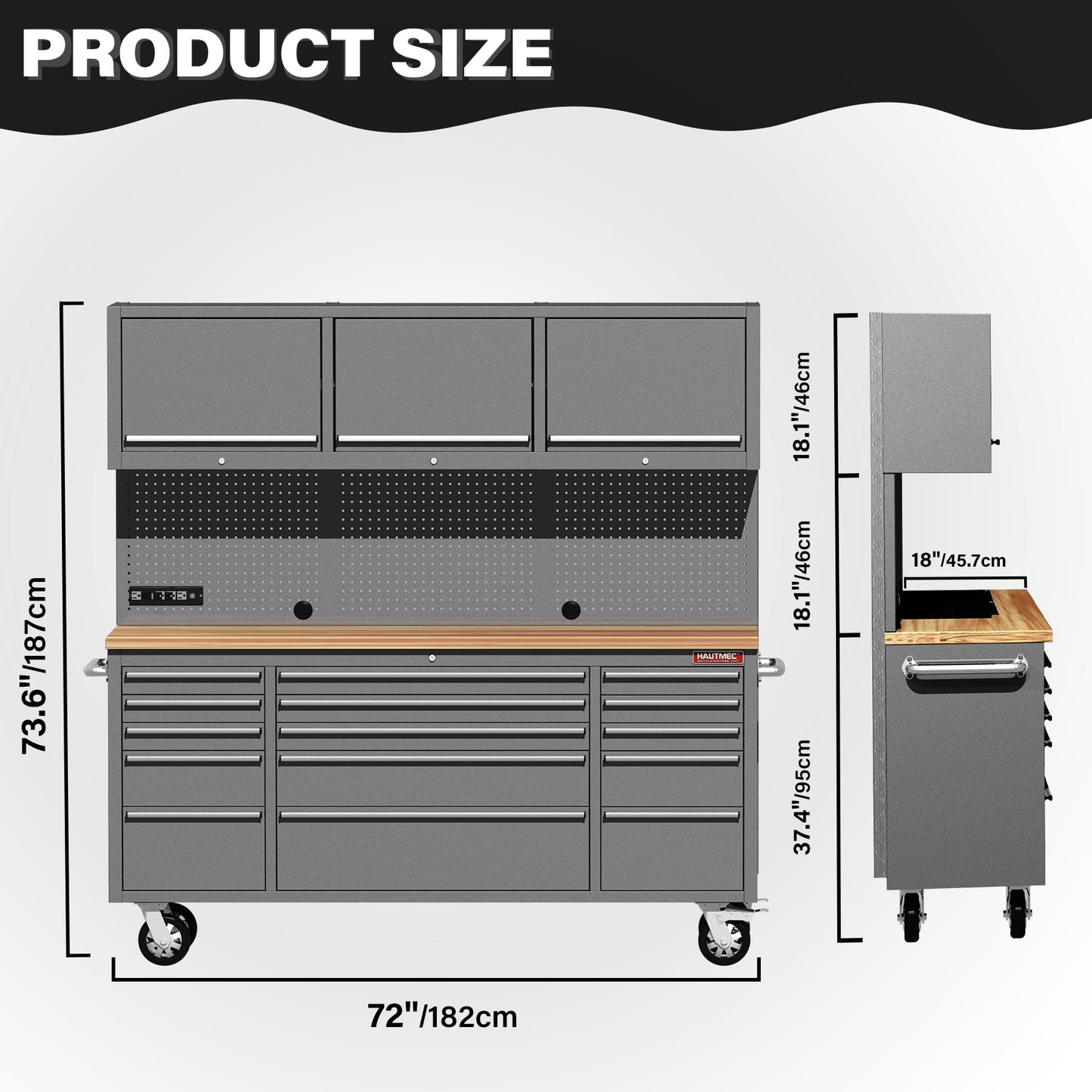 HAUTMEC 72" Rolling Tool Chest, Heavy-Duty Tool Cabinet with Wheels, Garage Workbench with 15 Drawers, 3 Upper Cabinets, Pegboard & 51 Hooks, Oak Worktop & Power Strip – HT0428