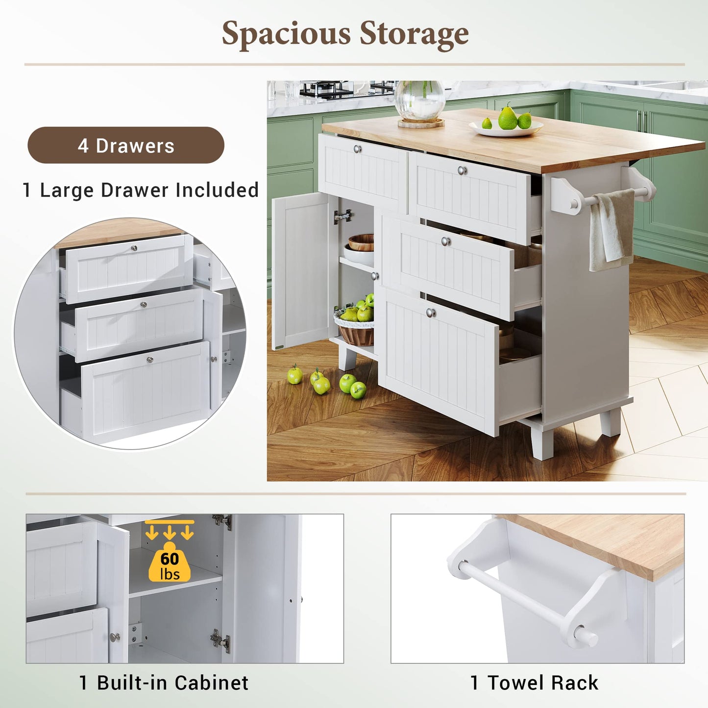 Bellemave 3 Piece Kitchen Bar Table Set Kitchen Island Set with 2 Stools and Drop Leaf, Island Table Set with Seating, Storage Cabinet, Drawers and Towel Rack (White+Rustic Brown)