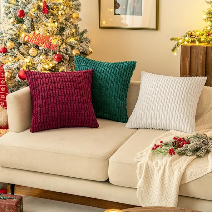 MIULEE Pack of 2 Corduroy Decorative Throw Pillow Covers 16x16 Inch Soft Boho Striped Pillow Covers Modern Farmhouse Home Decor for Sofa Living Room Couch Bed Pure White