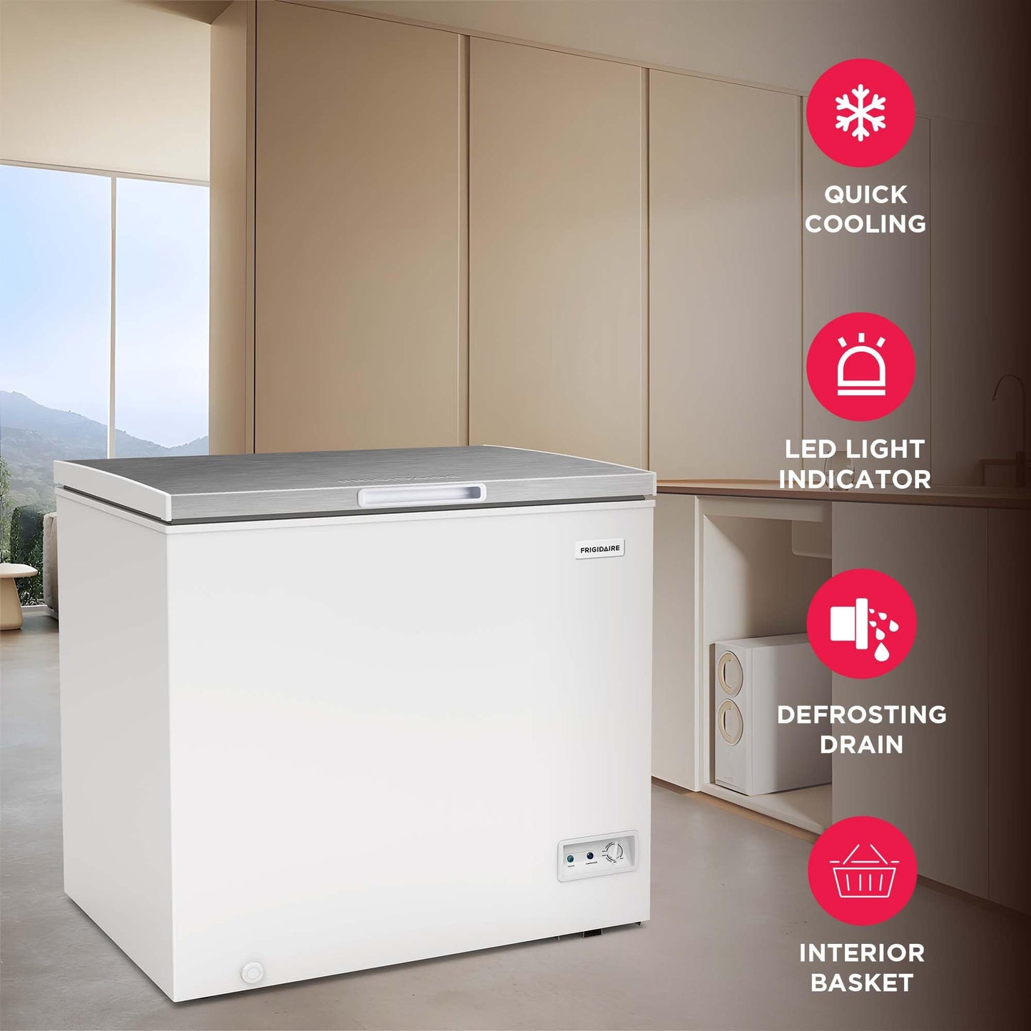 Frigidaire Chest Deep Freezer, 7 Cu. Ft. Capacity, Shiny Stainless Steel Top Lid Design-Adjustable Thermostat-Removable Vinyl Coated Wire Basket-Easy Defrost Drain- Garage Ready