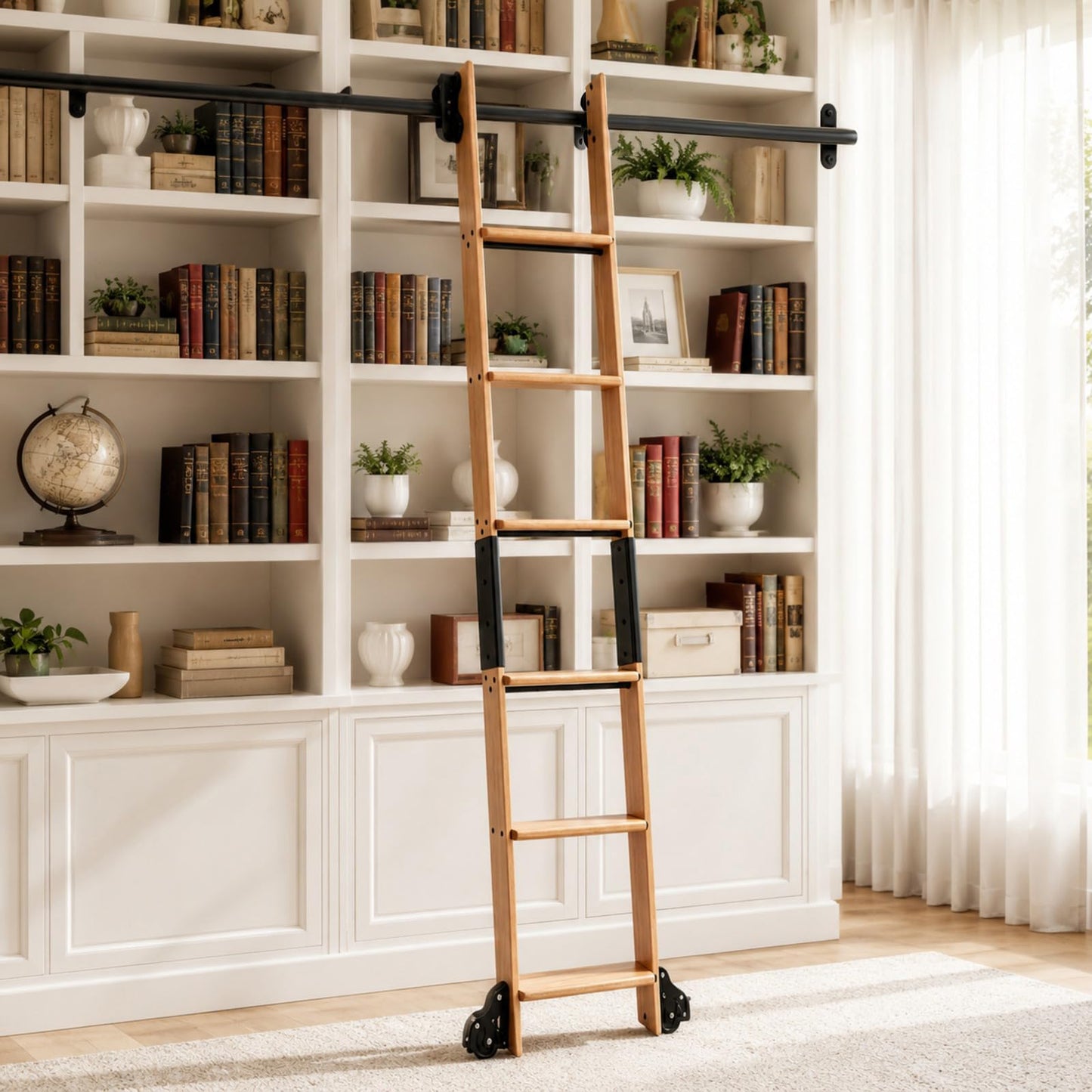 Leinuosen 95 Inch Rolling Library Ladder with 4ft Track Kit, Solid Oak Wood Ladder with Braking Wheels, Sliding Kit for Home, Bookshelf, Loft((Suitable for Installation Height 89-3/4")