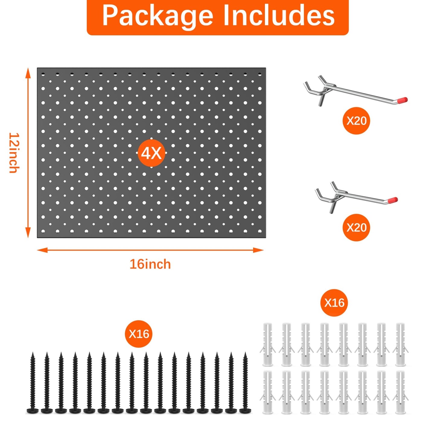 TORACK Metal Pegboard Panels and Hooks for Garage, Workbench, Shop, Shed Tool Organizer Peg Board with 1/8" & 1/4" Holes, Modular Wall-Mounted Pegboard with Pegboard Hooks(Black)