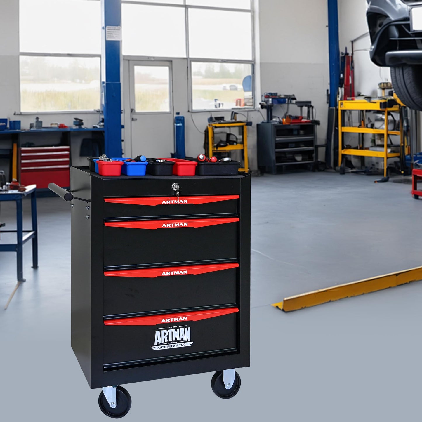 RYH 4/5/6/7 Drawers Rolling Tool Chest - Heavy Duty Mobile Tool Cart with Locking Wheels & Ball Bearing Drawers, 30.5" H x 20.9" W x13 D Garage Tool Storage Cabinet，Metal Tool Box (Black, 4 Drawers)