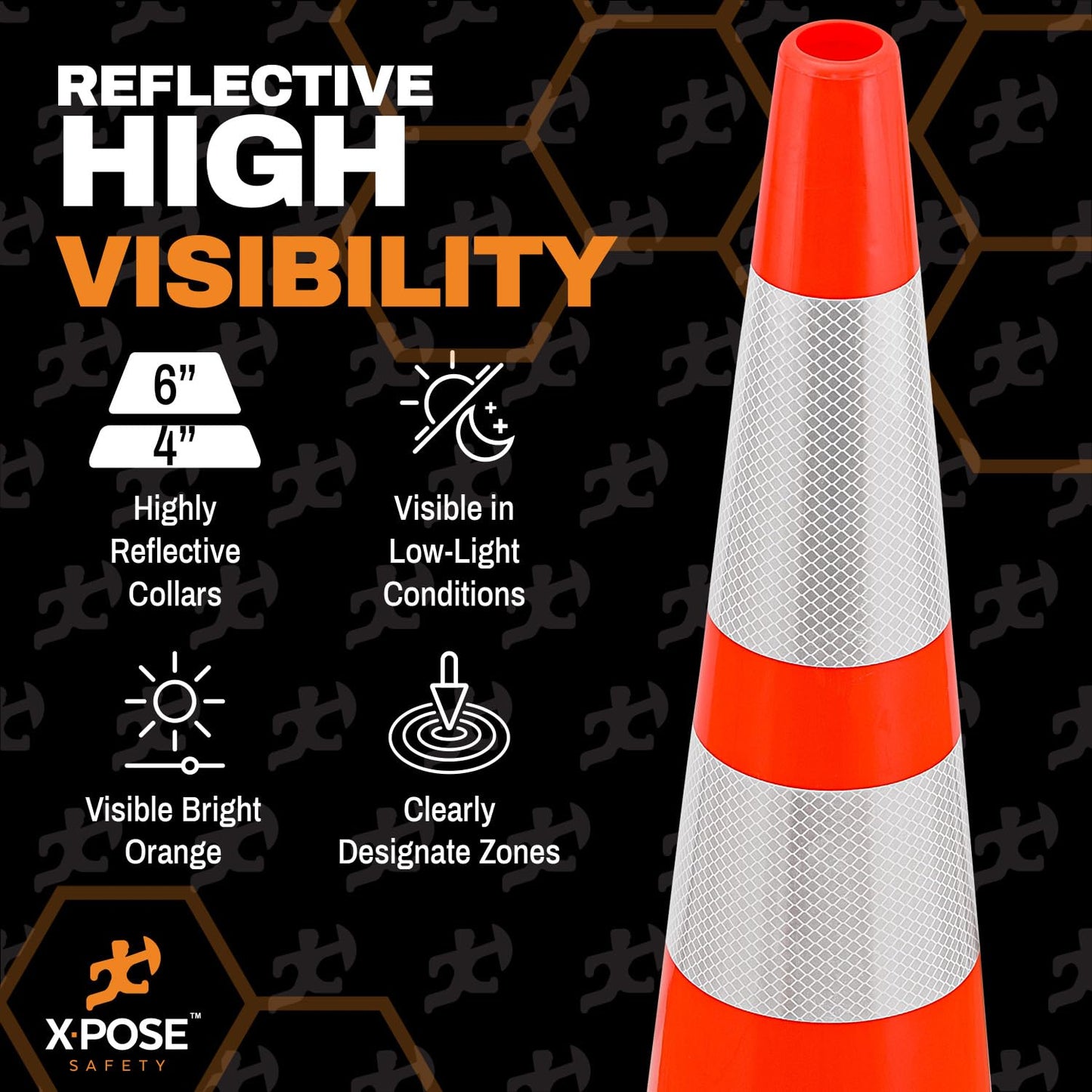 Xpose Safety 28 Inch Orange Slim Line Traffic Cones Heavy Duty 10lb with 6" & 4" Collars, 4 Pack Multipurpose PVC Plastic Safety Cone for Parking, Soccer, Caution, Kids & Construction - DOT Approved