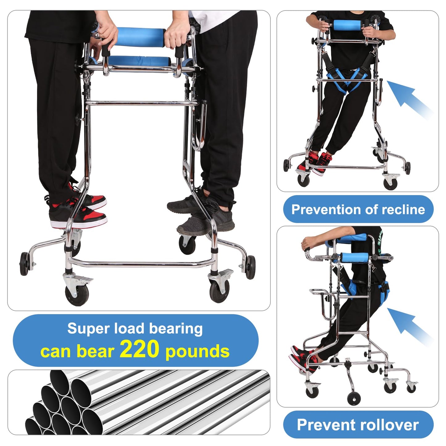 Adult Standing Walker for Seniors, Hemiplegia Standing & Lower Limb Training, Upgraded Double Pads, 8 Wheels Anti-Tilt Mobility Aid, Fits 58-71 in, withstands 220 lbs